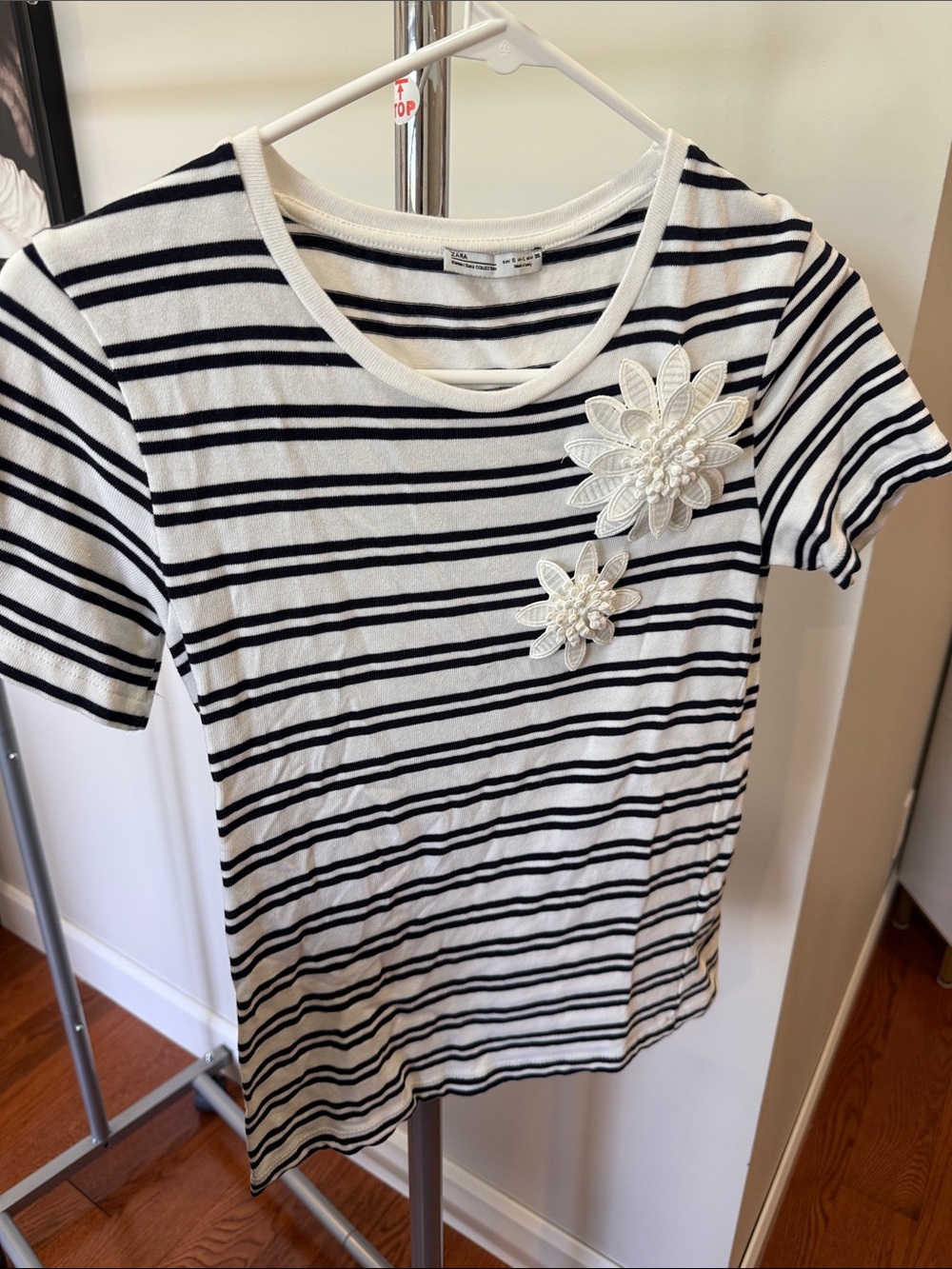Zara Black and White Striped Floral Applique Tee